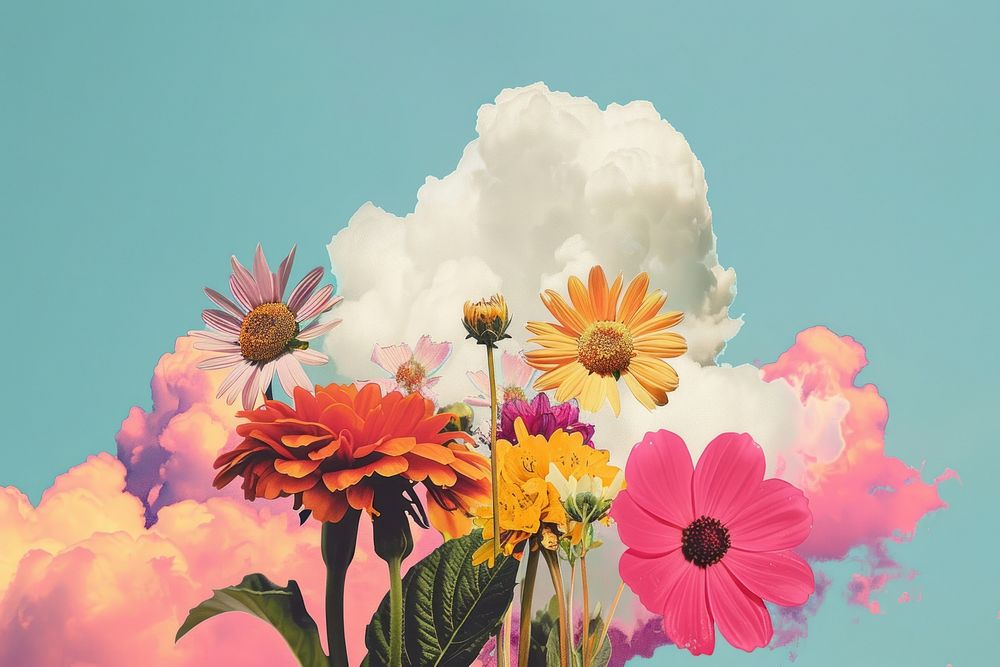 Retro collage of cloud with flower asteraceae outdoors blossom.