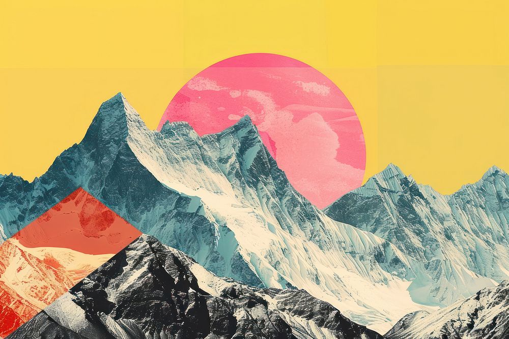 Retro collage of mountain outdoors scenery nature.