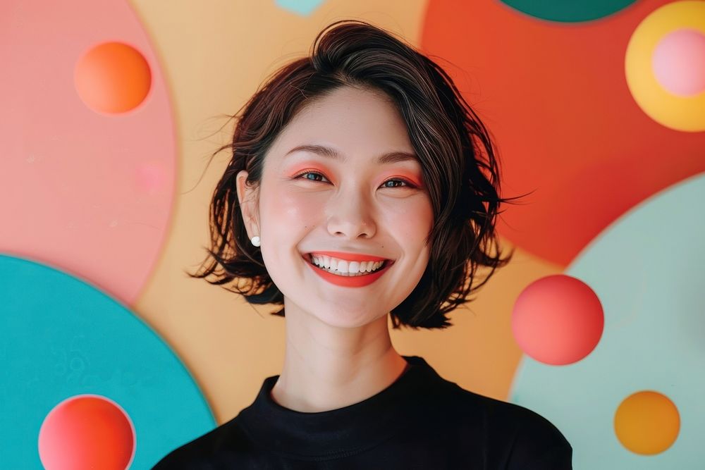 Retro collage of modern asian woman smile dimples person.
