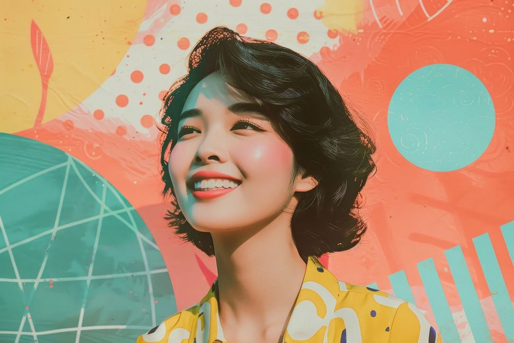 Retro collage of modern asian woman smile hair dimples.