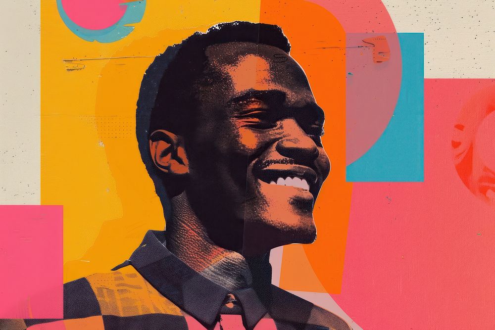 Retro collage of modern black man smile photography portrait.