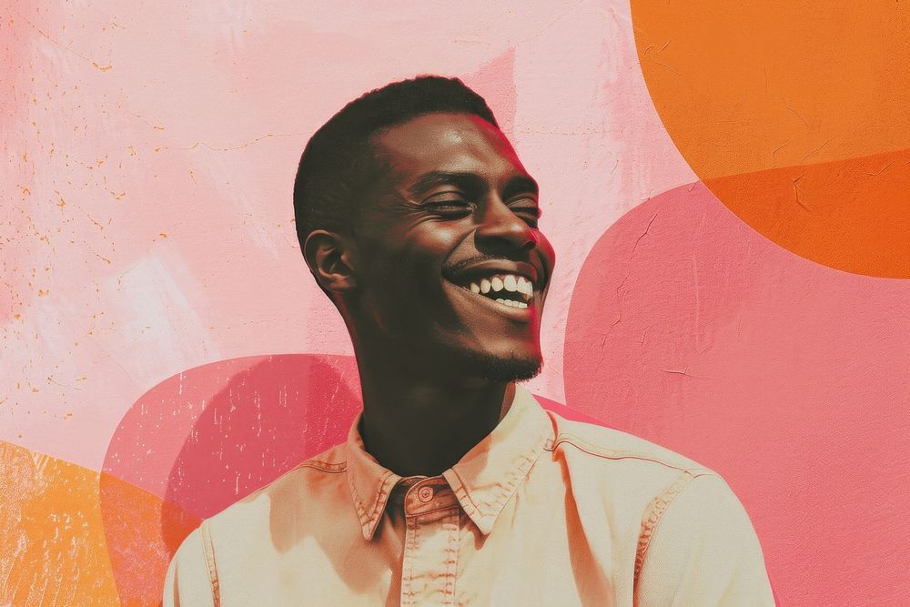 Retro collage of modern black man smile laughing person.