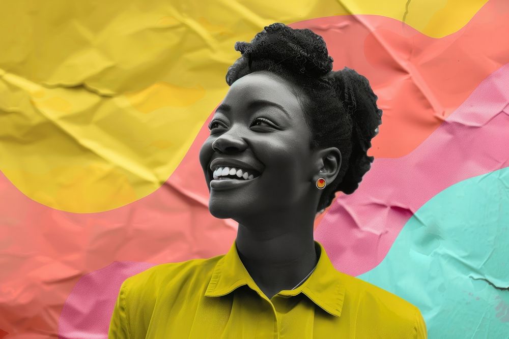 Retro collage of modern black woman smile photography laughing.