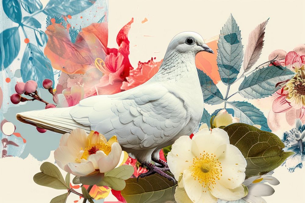 Retro collage of white dove with flowers graphics pattern blossom.