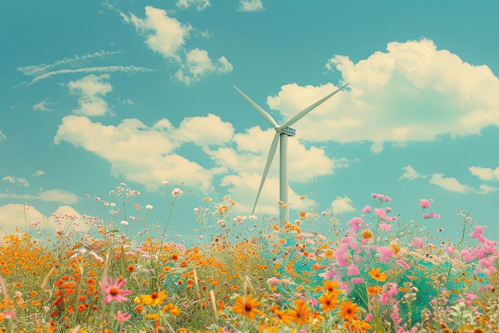 Retro collage of wind turbine in flower field asteraceae outdoors windmill.