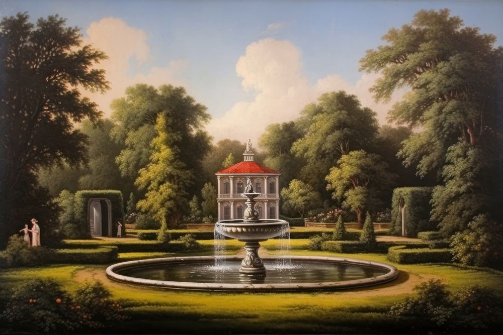 English garden with fountain and sunlight painting art architecture.