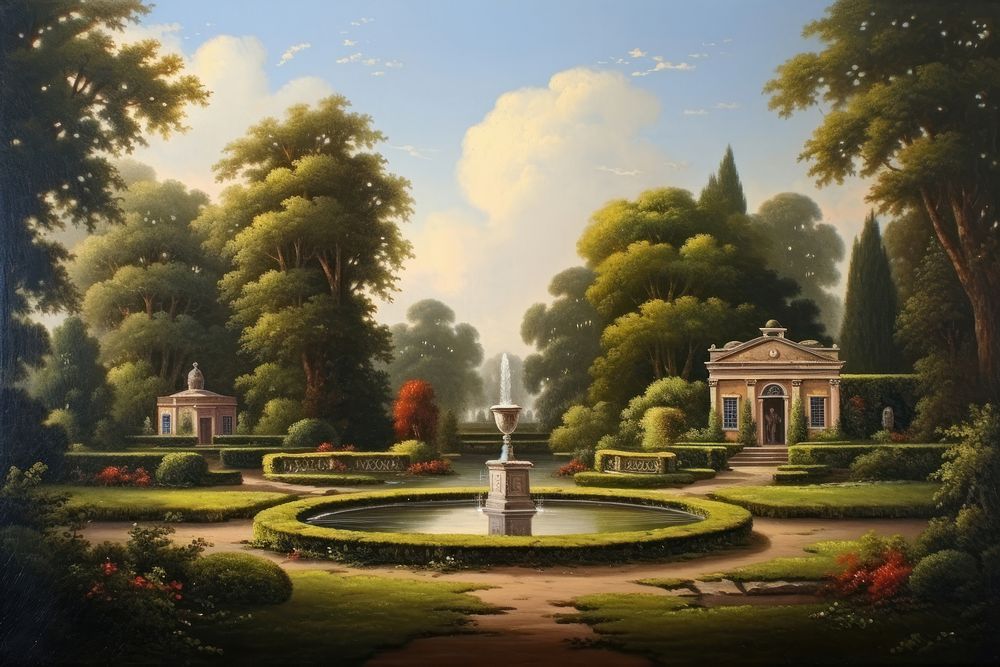 English garden with fountain and sunlight painting art architecture.