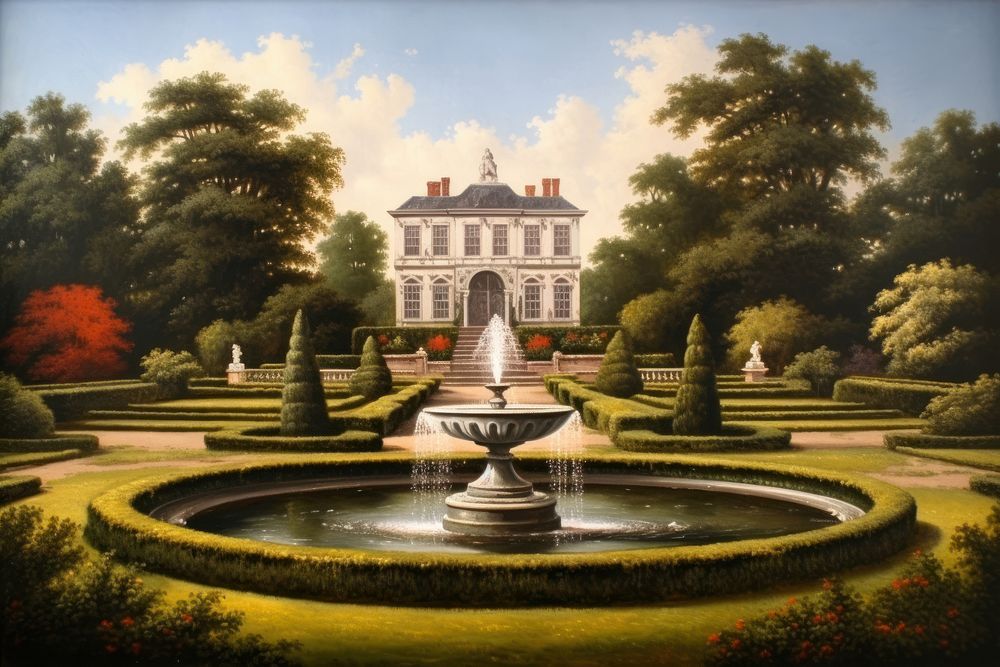English garden with fountain and sunlight architecture building outdoors.