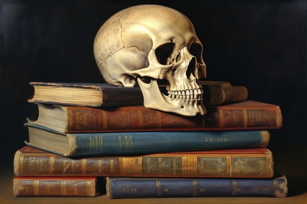 Skull on the books publication indoors library.