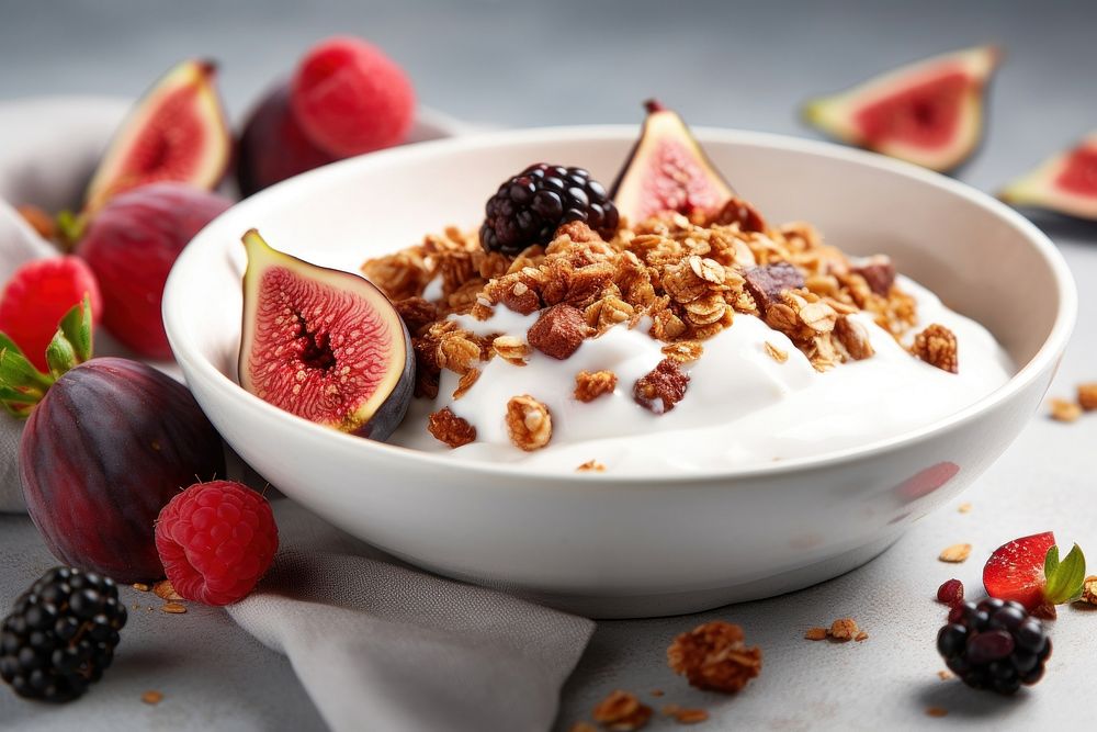 A bowl filled with Greek yogurt with figs sliced granola food produce.