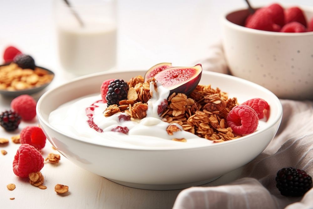 A bowl filled with Greek yogurt with figs sliced granola food produce.