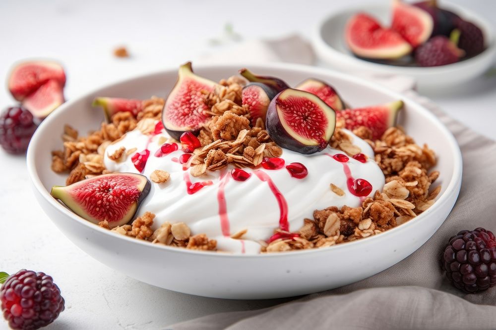 A bowl filled with Greek yogurt with figs sliced granola plate food.