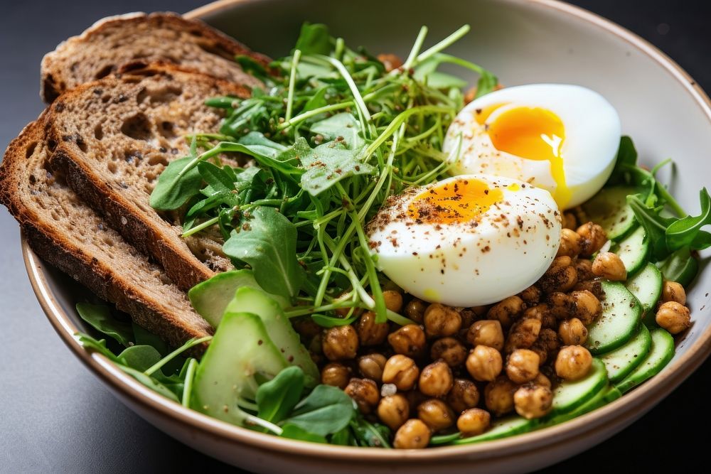 A bowl with spiced chickpeas and egg on top brunch bread plate.