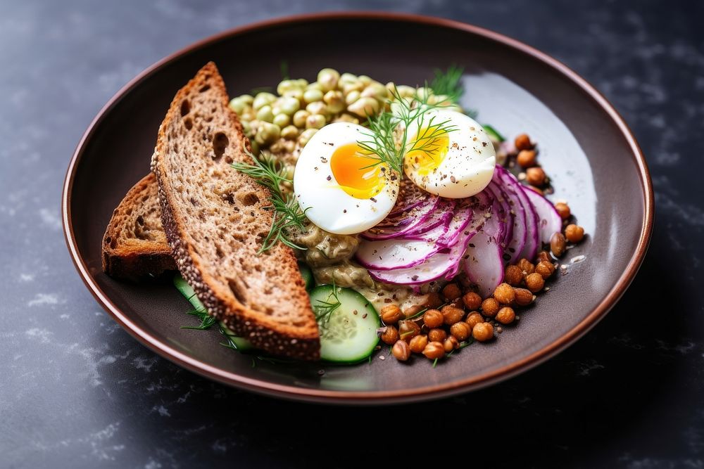 A bowl with spiced chickpeas and egg on top brunch plate bread.