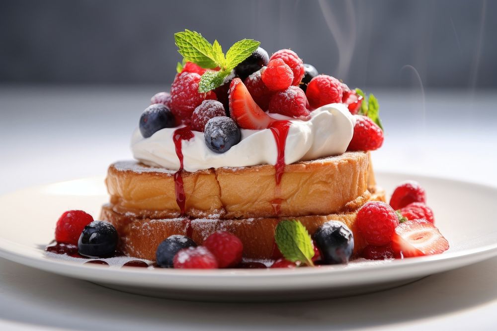 A French toast with berries and cream on top brunch berry food.