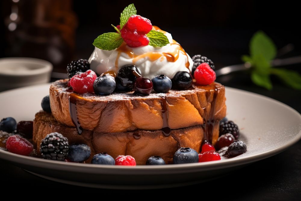 A French toast with berries and cream on top brunch plate food.