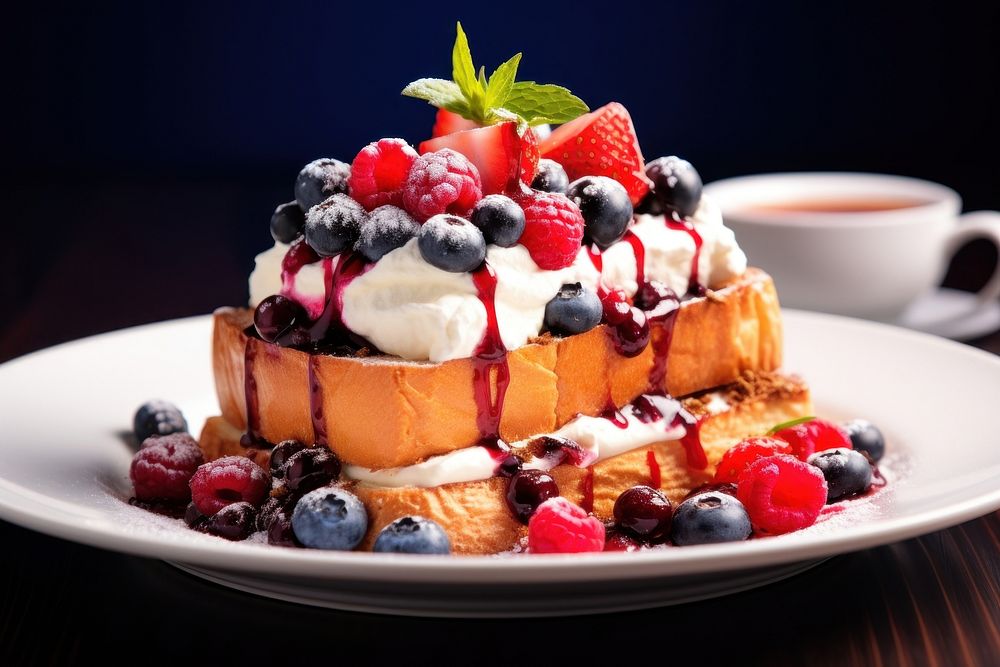 A French toast with berries and cream on top blueberry brunch plate.
