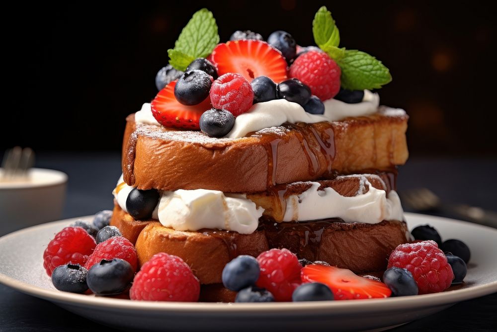 A French toast with berries and cream on top blueberry brunch bread.