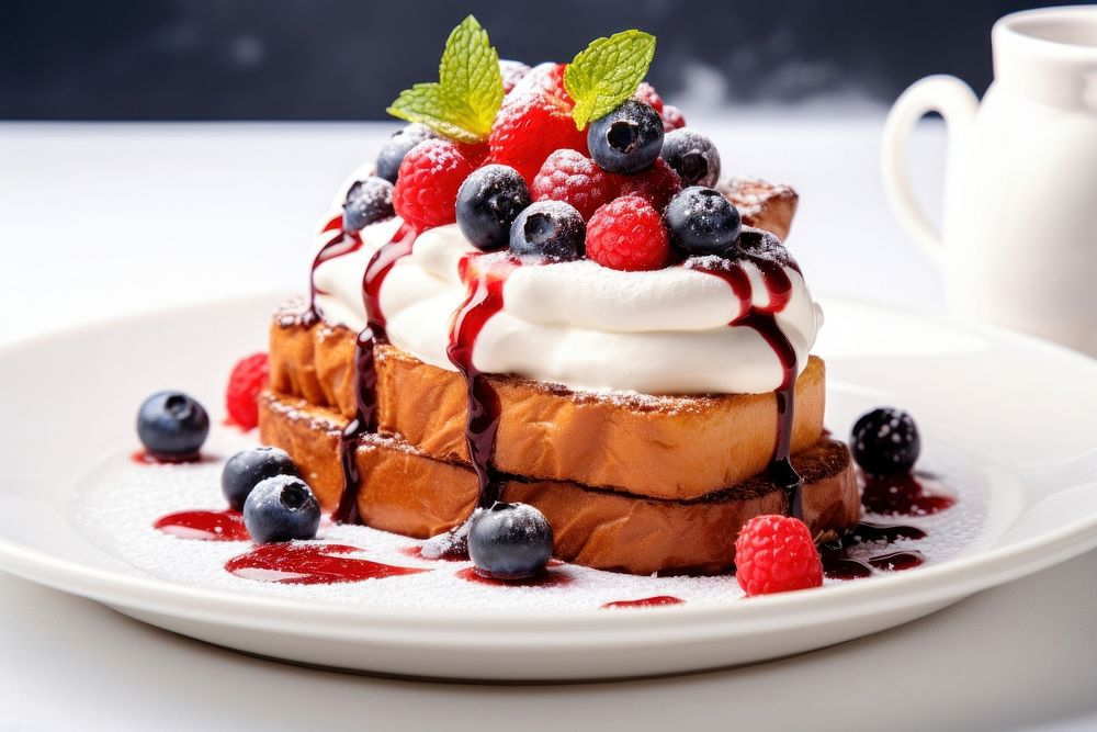 A French toast with berries and cream on top blueberry brunch food.