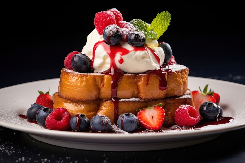A French toast with berries and cream on top brunch plate berry.
