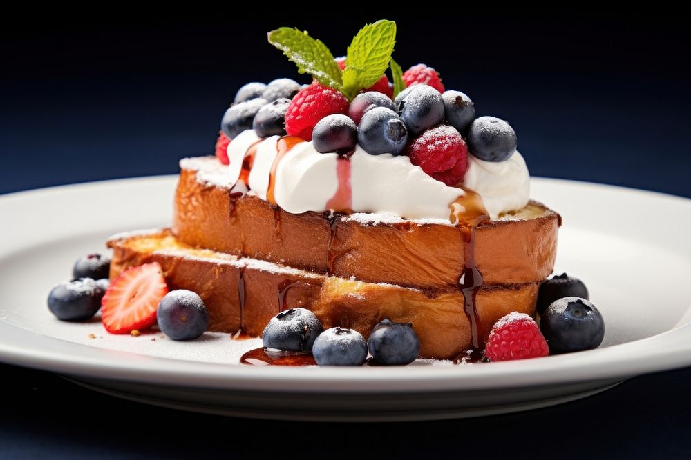A thicked French toast with berries and cream on top blueberry brunch plate.