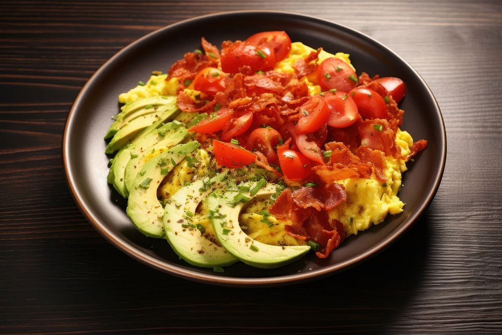 Scrambled eggs with bacon and avocado plate food omelette.