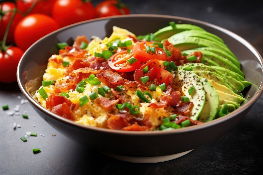 Scrambled eggs with bacon and avocado brunch food omelette.