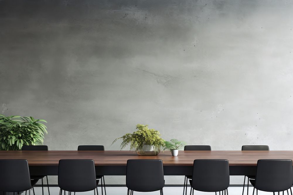 Empty concrete wall mockup of office room meeting room furniture.