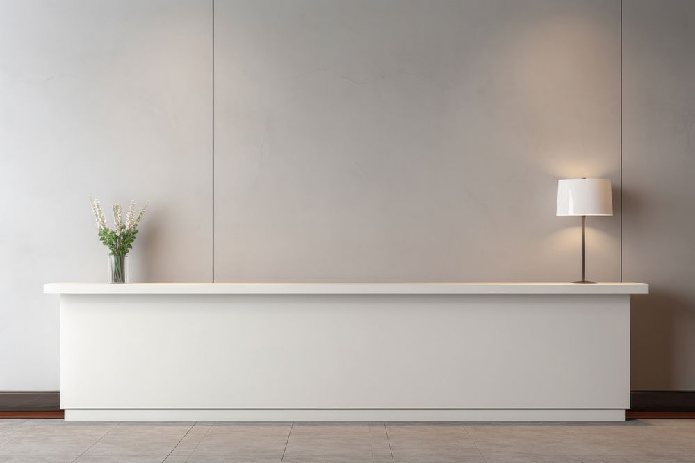 Empty wall mockup of reception furniture sideboard planter.