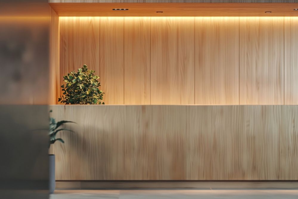 Empty wood wall mockup of reception architecture furniture building.