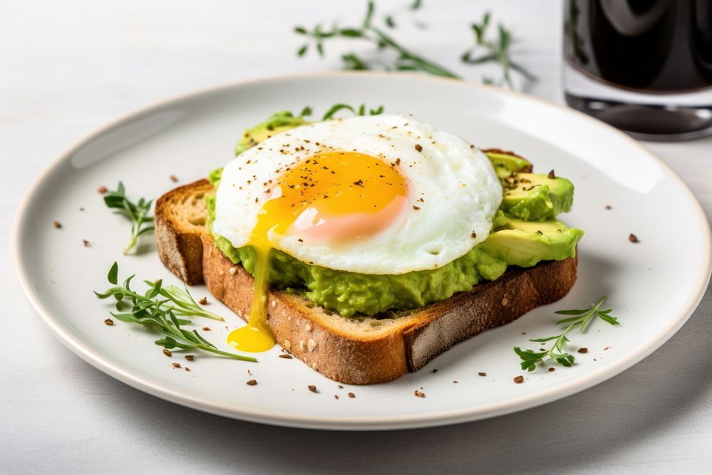 Mashed avocado toast with egg plate food bread.