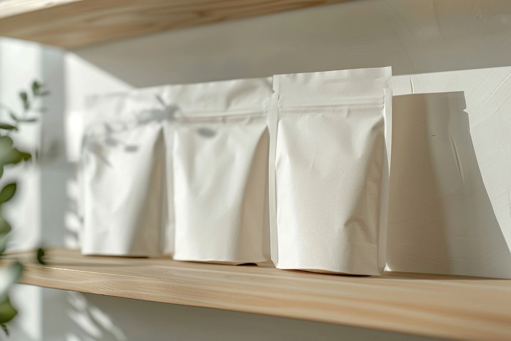 Craft plain paper pouchs mockup on wodden shelf bar furniture napkin linen.