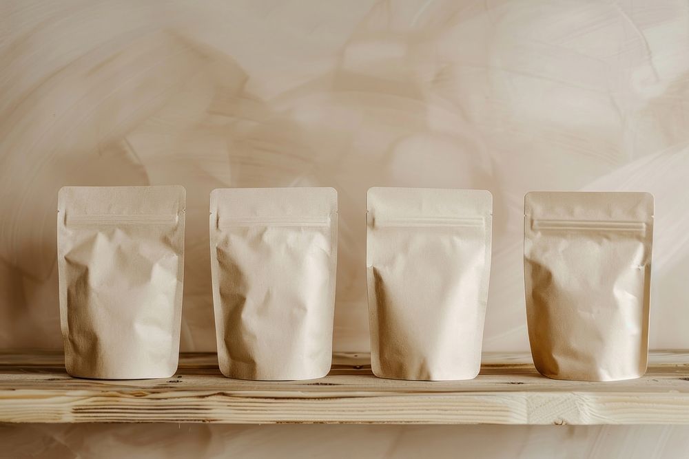 Craft plain paper pouchs mockup on wodden shelf bar powder flour food.