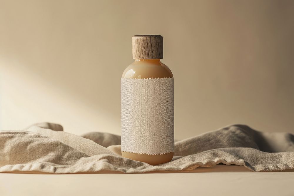 Craft plain package cosmetic body lotion bottle with fabric label mockup cylinder.