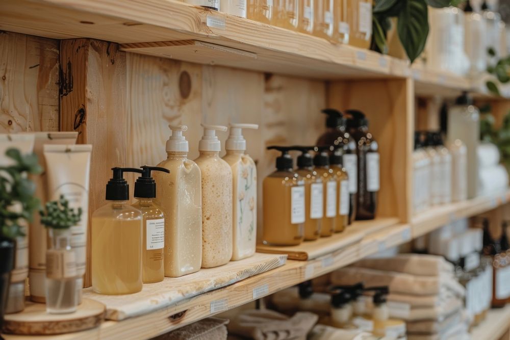One coner of a shampoo refill station in a zero waste shop cosmetics furniture indoors.
