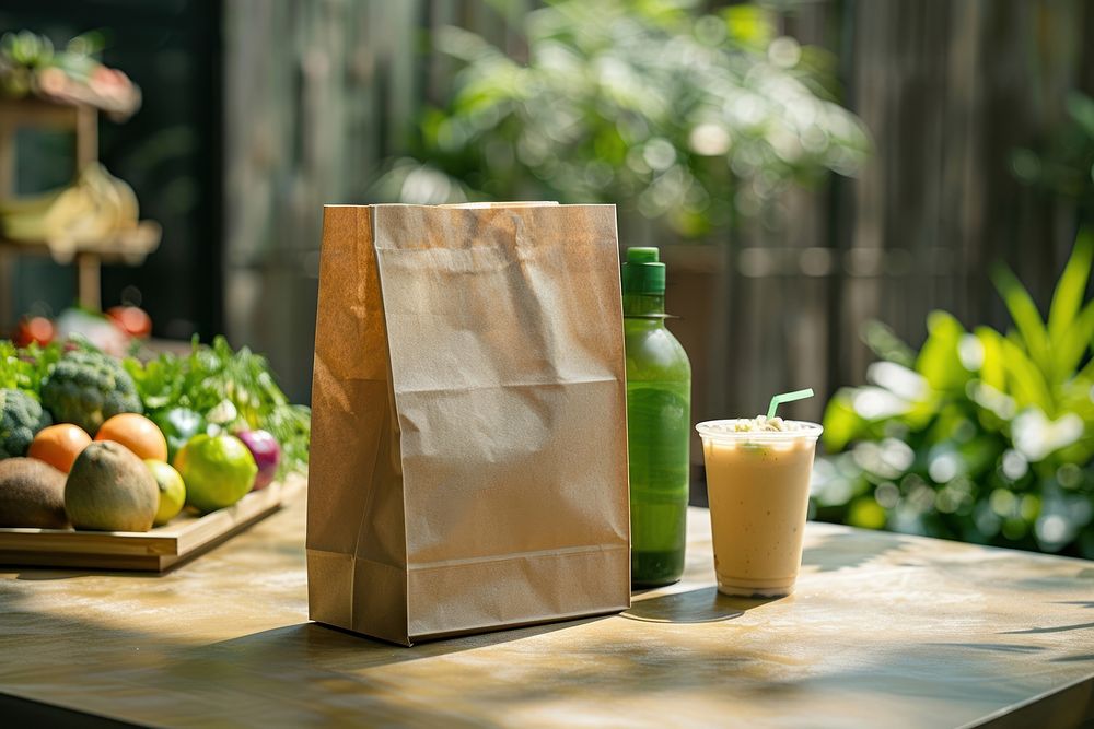 A brown kraft paper bag stands upright at an outdoor table fruit cup furniture.