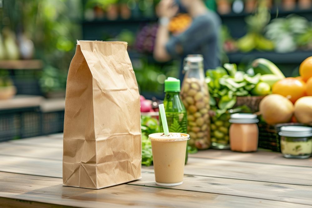 Brown kraft paper bag stands upright at an outdoor table fruit cup beverage.
