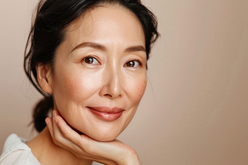 Happy asian woman in 40s having skincare spa day photo face photography.
