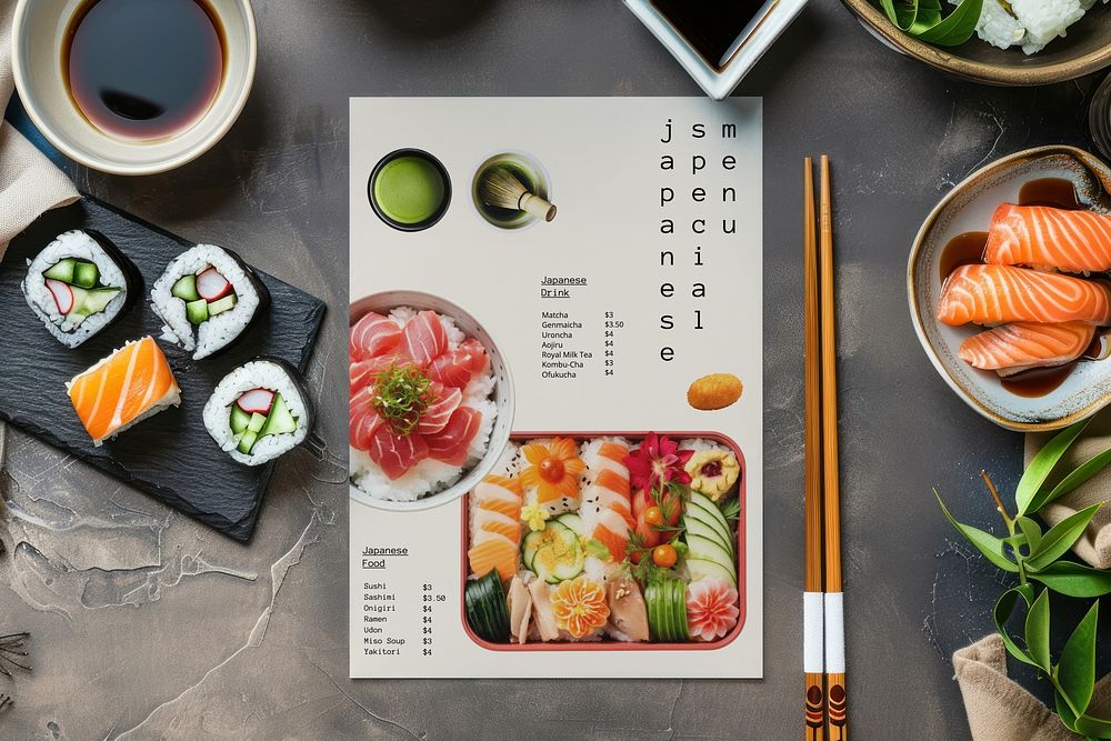 Japanese restaurant menu card flat lay