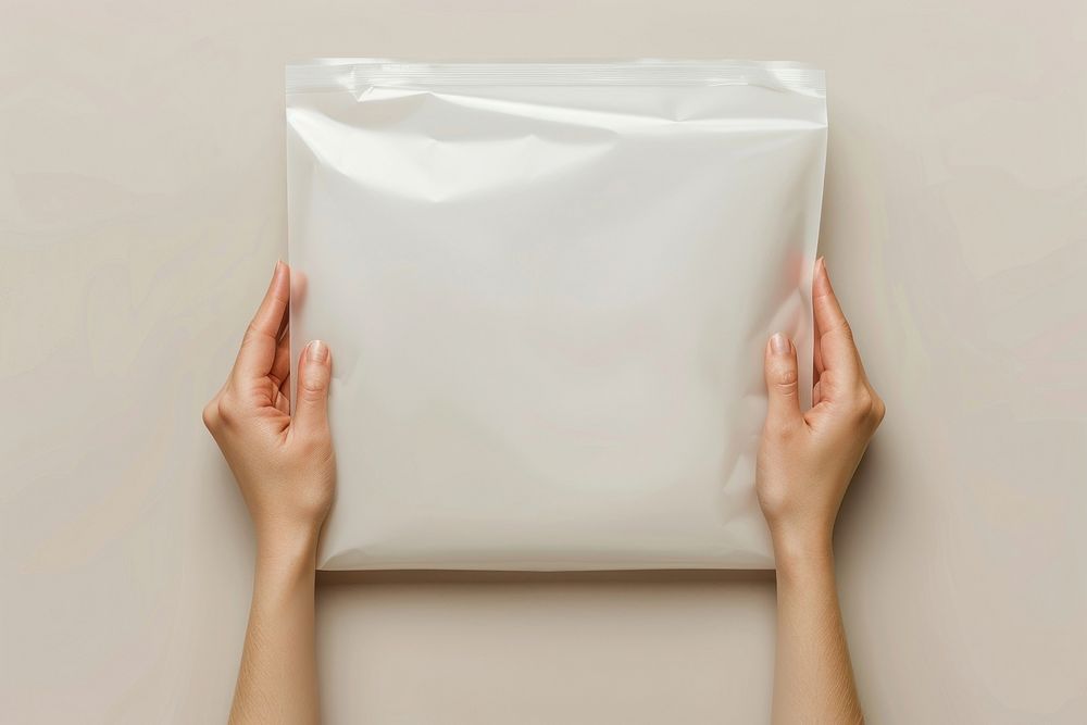 A white plastic mailing bag mockup cushion pillow female.