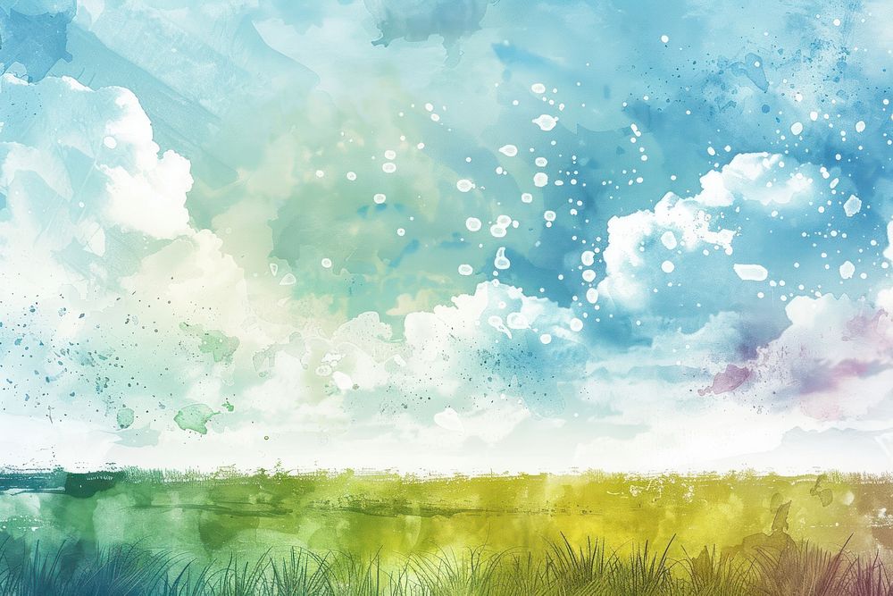 Abstract watercolour background design of a field with sky and clouds painting outdoors scenery.