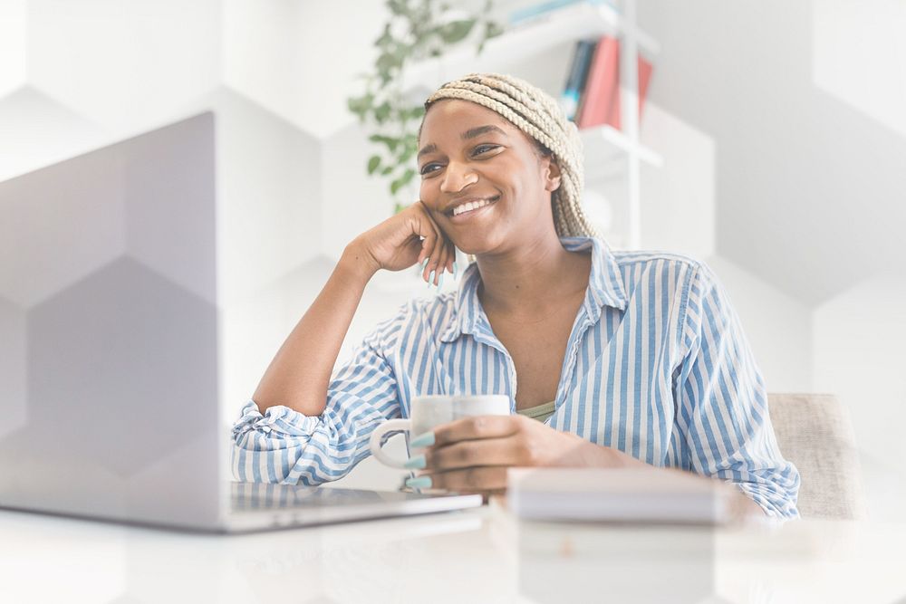 Smiling woman, business online meeting on laptop