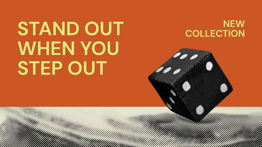 Orange dice blog banner template, new collection text