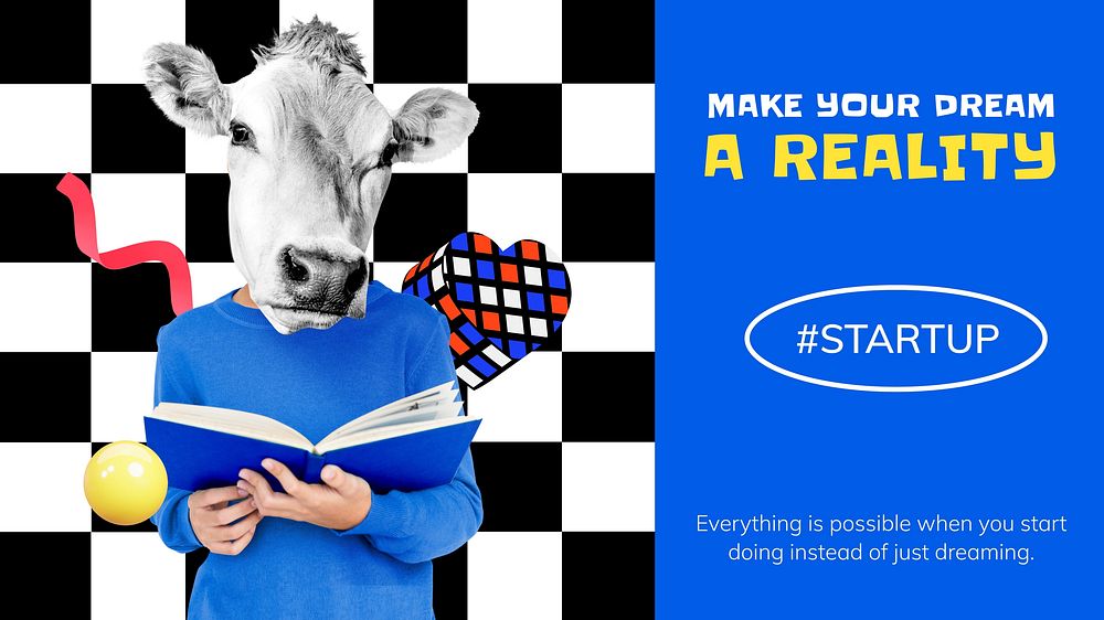 Abstract education PowerPoint presentation template, cow-headed student remix