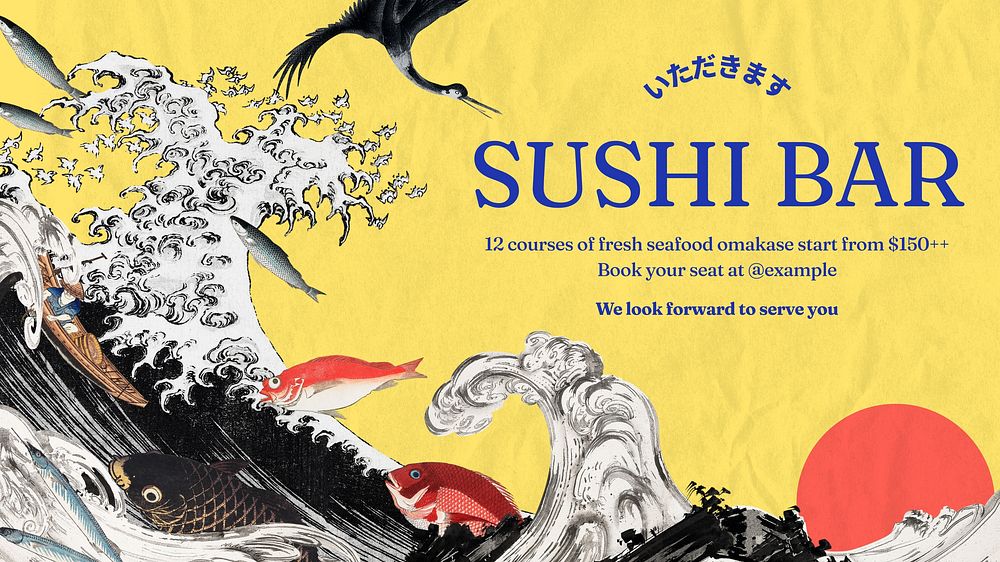 Sushi restaurant blog banner template Ukiyo-e art remix design