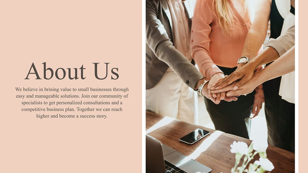 Pink business presentation template, about us topic