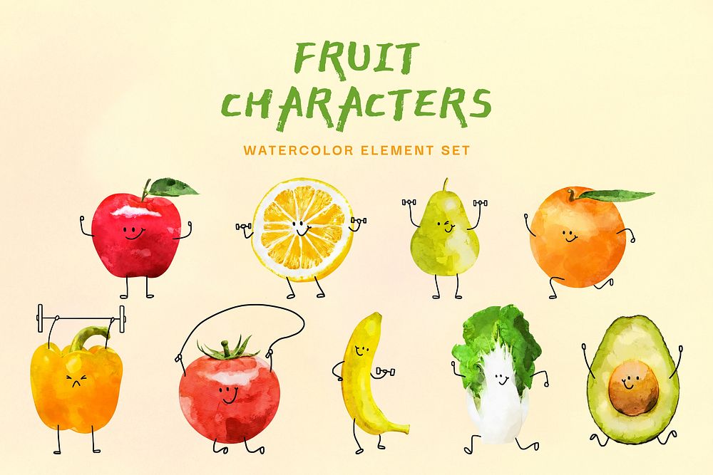 Fruit character watercolor element set