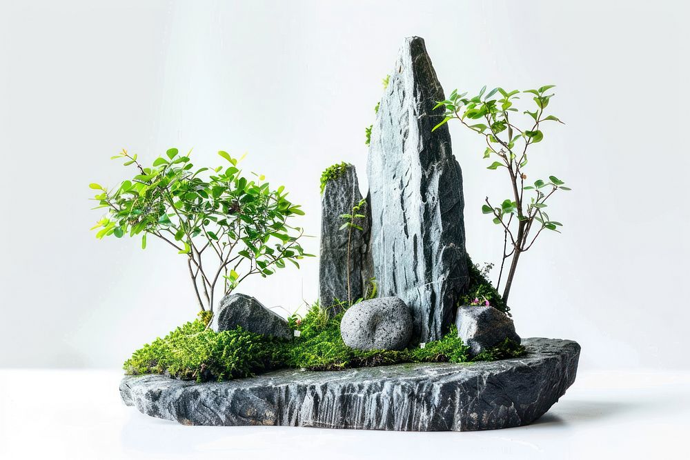 Zen garden with bonsai trees