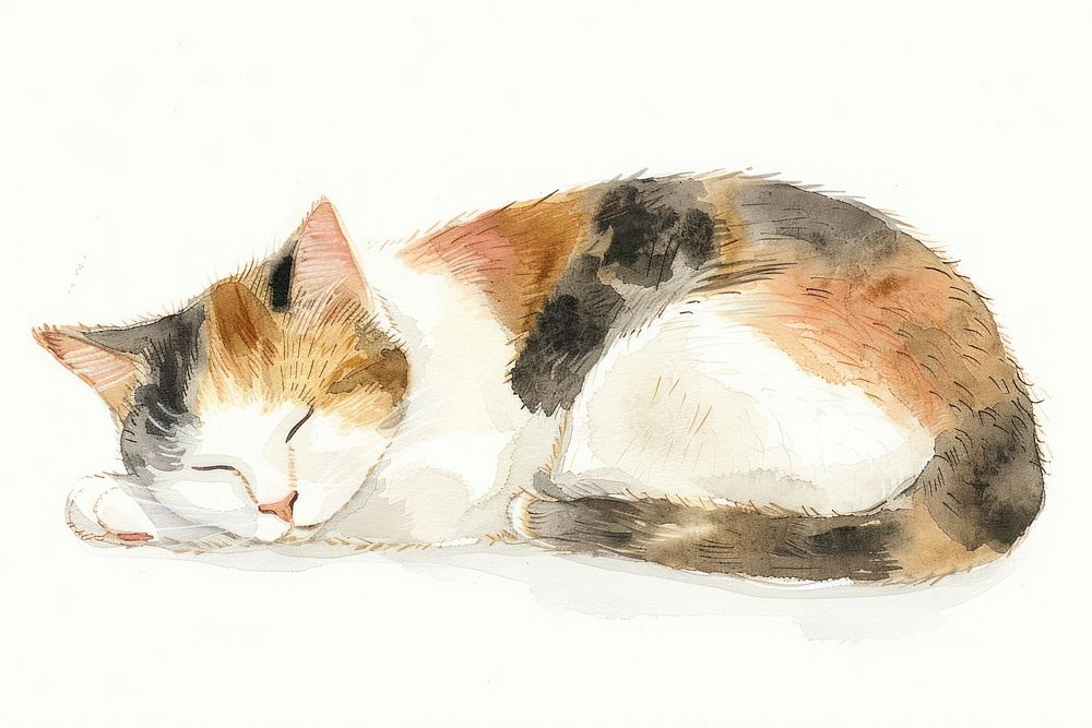 Watercolor sleeping calico cat