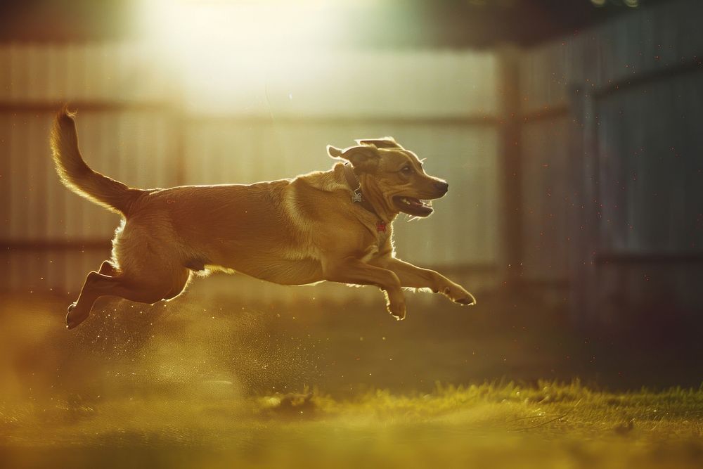 Dog leaping in golden sunlight